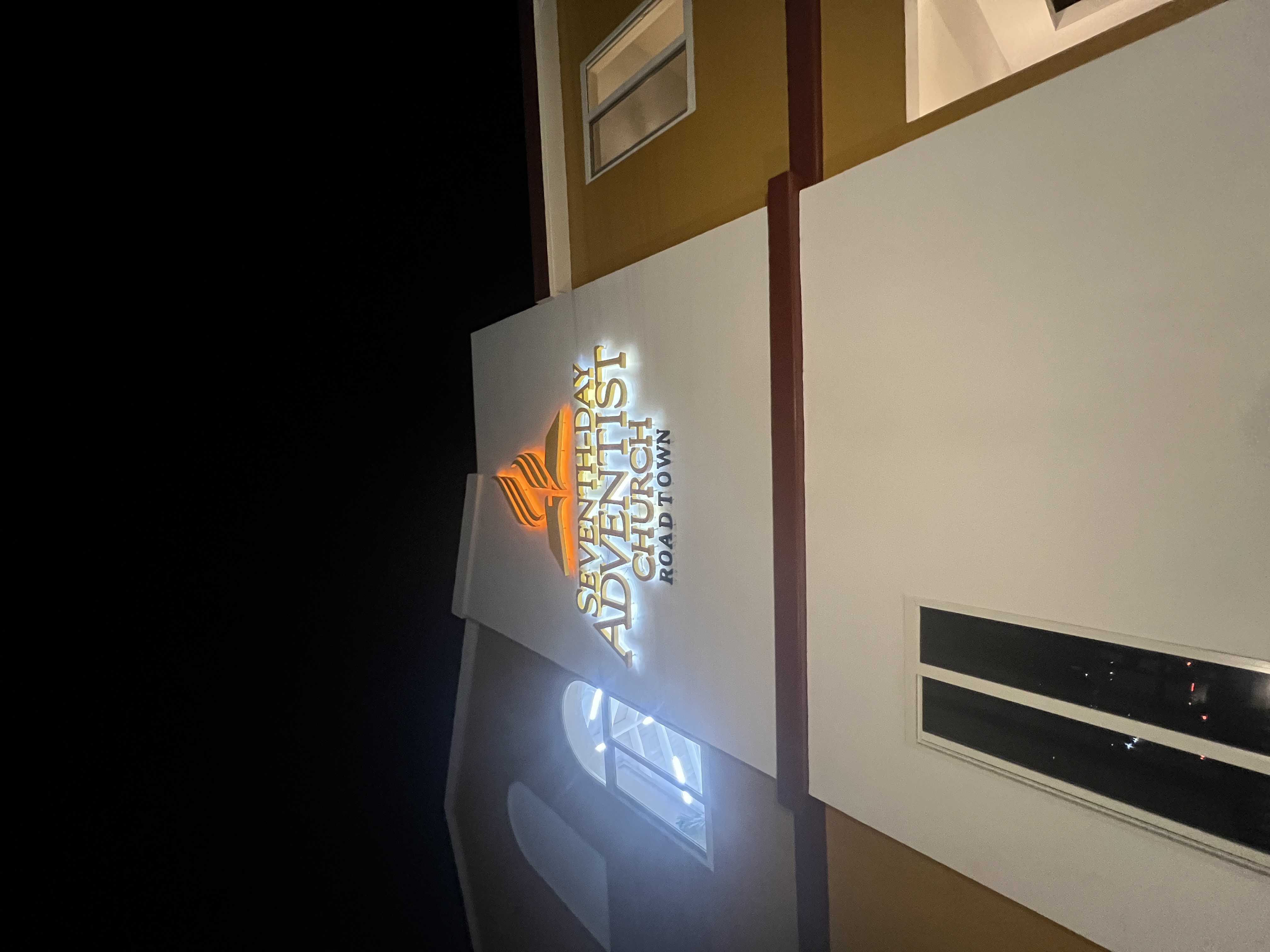 Road Town SDA Church night sign